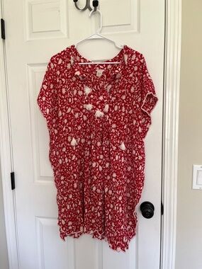 Club Monaco Red and White Printed V-Neck Tunic